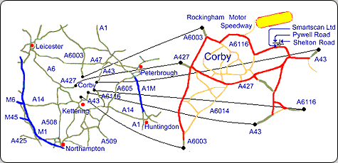 Smartscan is based in Corby, Northamptonshire, England. This central location is served by a major trunk road network and is within eight miles of the A14 - the east to west link between the A1 and M1/M6 junctions.
